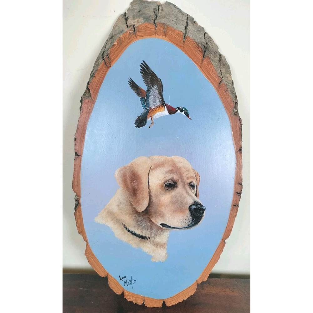 Vintage Leo M. Martin Original Acrylic Painting Yellow Lab Duck Wood Slice Folk